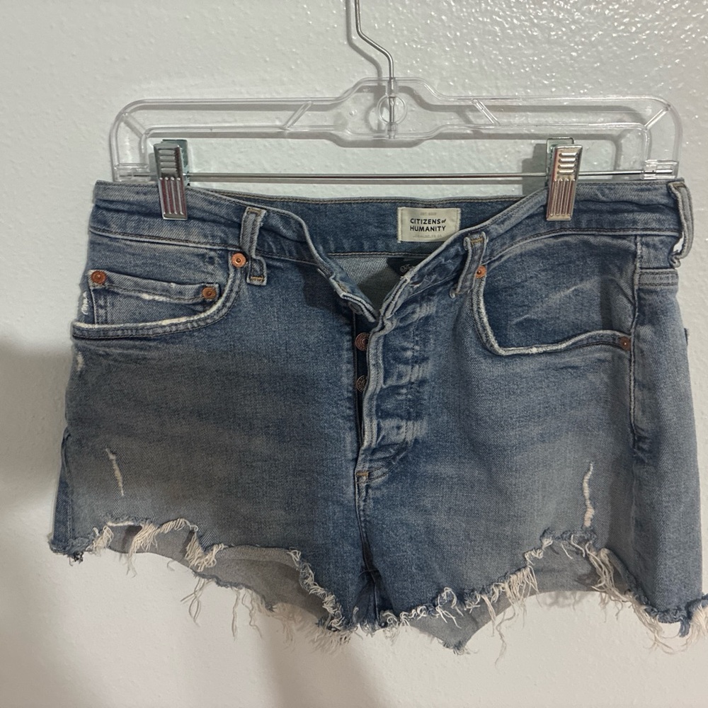 Citizens Of Humanity Faded Blue Frayed Hem Denim Shorts